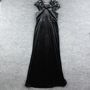 Club L London Dress Womens 12 Black Velvet Embellished Bardot Maxi Lined NWT